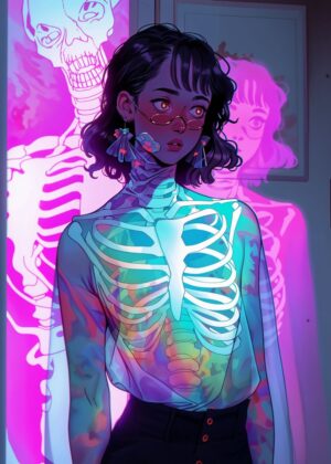 Holographic Skeleton Girl Art Print - Premium Wooden Framed Poster. Ready to Hang.