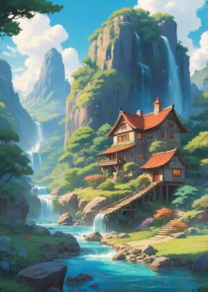 Ghibli-esque Waterfall House: A Serene Landscape Print - Premium Wooden Framed Poster. Ready to Hang.