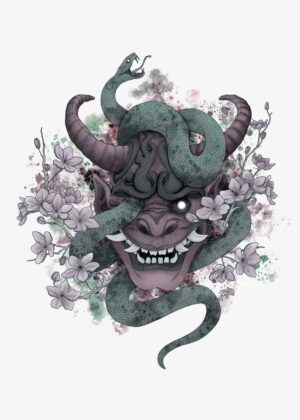 Oni Mask and Serpent: A Japanese-Inspired Watercolor Artwork - Premium Wooden Framed Poster. Ready to Hang.