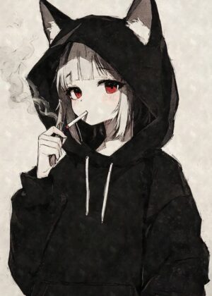 Anime Cat Girl Smoking: Edgy and Stylish Artwork - Premium Wooden Framed Poster. Ready to Hang.