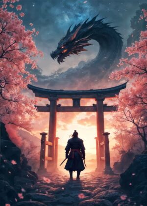 Samurai and Dragon Gate: A Journey into the Mystical East - Premium Wooden Framed Poster. Ready to Hang.