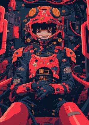 Cyberpunk Anime Girl: Red and Black Digital Art Print - Premium Wooden Framed Poster. Ready to Hang.