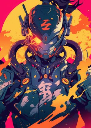Cyberpunk Samurai: Neon-Drenched Warrior Art Print - Premium Wooden Framed Poster. Ready to Hang.