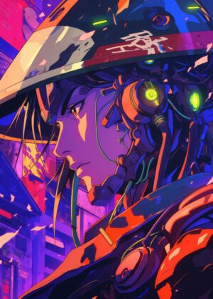 Cyberpunk Anime Girl: Neon City Dreams - Premium Wooden Framed Poster. Ready to Hang.