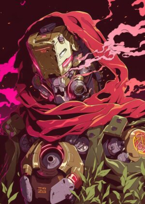 Cyberpunk Robot Warrior: Digital Art Print - Premium Wooden Framed Poster. Ready to Hang.