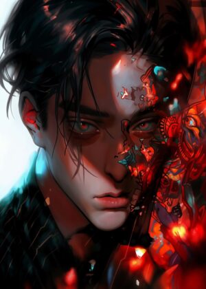 Shattered Illusions: A Digital Painting of a Cyberpunk-Inspired Figure - Premium Wooden Framed Poster. Ready to Hang.