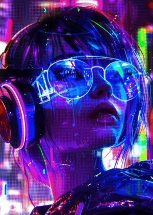 Cyberpunk Anime Girl: Neon Dreams - Premium Wooden Framed Poster. Ready to Hang.