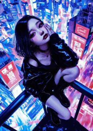 Cyberpunk City Girl Anime Art Print - Premium Wooden Framed Poster. Ready to Hang.
