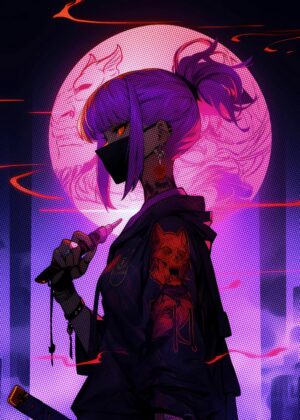 Cyberpunk Anime Girl: Neon Nights - Premium Wooden Framed Poster. Ready to Hang.