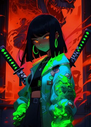 Cyberpunk Samurai Anime Girl Art Print - Premium Wooden Framed Poster. Ready to Hang.