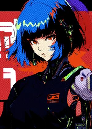 Cyberpunk Anime Girl: Electric Dreams - Premium Wooden Framed Poster. Ready to Hang.