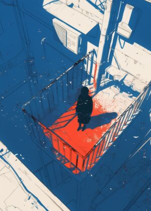 Lonely Figure on Rooftop: A Moment of Solitude - Premium Wooden Framed Poster. Ready to Hang.