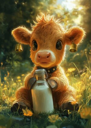 Adorable Calf and Milk Bottle in Sunny Meadow - Premium Wooden Framed Poster. Ready to Hang.
