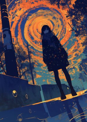 Anime Girl Under a Swirling Sky - Premium Wooden Framed Poster. Ready to Hang.