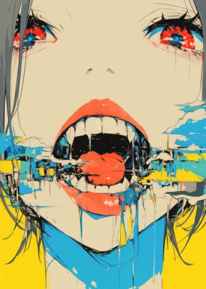 Anime Girl Open Mouth Abstract Art Print - Premium Wooden Framed Poster. Ready to Hang.