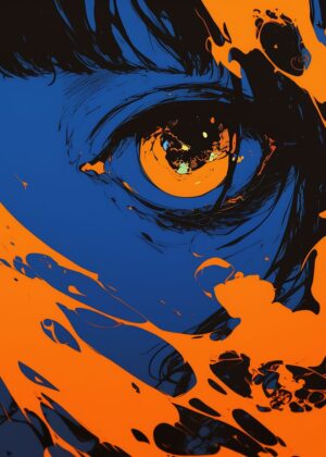 Anime Eye Abstract Art Print: Vibrant Orange and Blue - Premium Wooden Framed Poster. Ready to Hang.