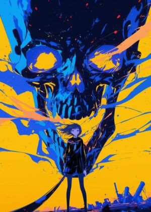 Anime Girl Facing Giant Skull: Abstract Art Print - Premium Wooden Framed Poster. Ready to Hang.