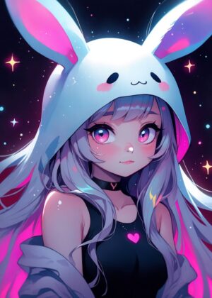 Cute Anime Girl in Bunny Hoodie - Digital Art Print - Premium Wooden Framed Poster. Ready to Hang.
