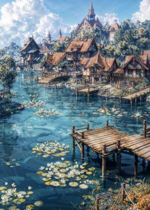 Medieval Village Riverside Scene: Fantasy Art Print - Premium Wooden Framed Poster. Ready to Hang.