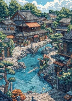 Japanese Village Anime Art Print - Premium Wooden Framed Poster. Ready to Hang.