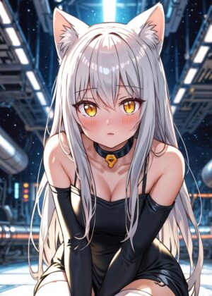 Anime Girl with Cat Ears: Elegant and Mysterious - Premium Wooden Framed Poster. Ready to Hang.