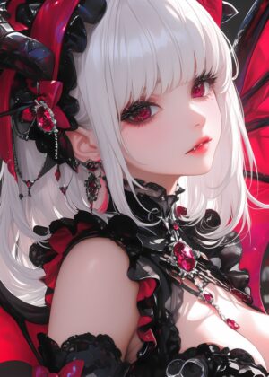 Anime Vampire Girl with Red Eyes: Gothic Elegance - Premium Wooden Framed Poster. Ready to Hang.