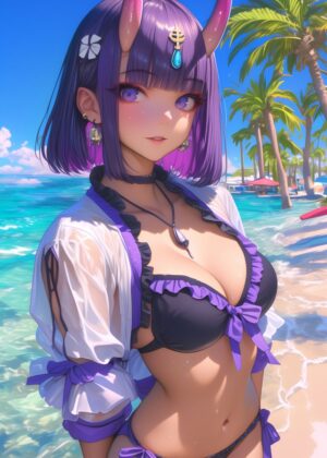 Anime Oni Girl Beach Scene Art Print - Premium Wooden Framed Poster. Ready to Hang.