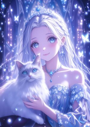 Anime Princess and Her Turkish Angora Cat: A Magical Winter Scene - Premium Wooden Framed Poster. Ready to Hang.