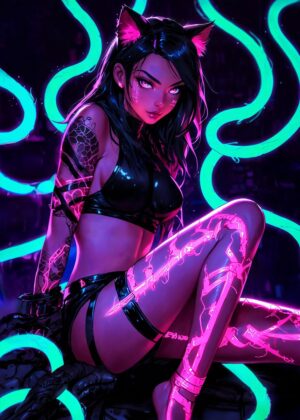 Neon Cat Girl: Cyberpunk Art Print - Premium Wooden Framed Poster. Ready to Hang.