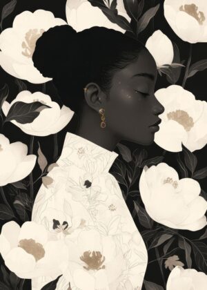 Elegant Woman in Bloom: A Monochrome Floral Masterpiece - Premium Wooden Framed Poster. Ready to Hang.