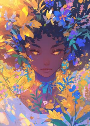 Floral Anime Girl Art Print - Premium Wooden Framed Poster. Ready to Hang.