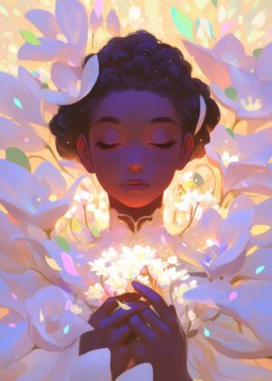 Flower Blessing: A Dreamlike Portrait of Serenity - Premium Wooden Framed Poster. Ready to Hang.