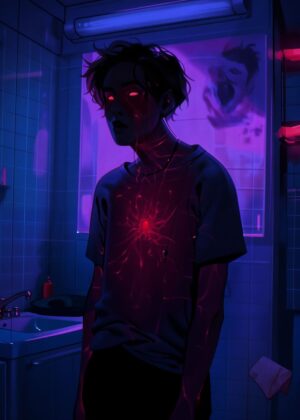 Electric Heartbreak: Neon Nights & Inner Turmoil - Premium Wooden Framed Poster. Ready to Hang.