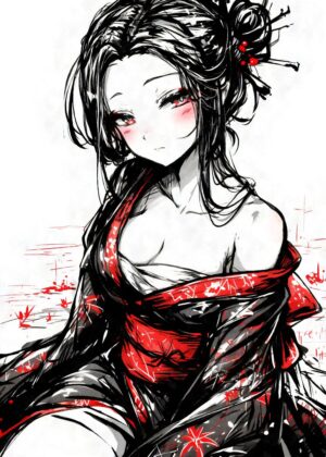 Black Ink Anime Girl in Kimono: Elegant Japanese Art Print - Premium Wooden Framed Poster. Ready to Hang.