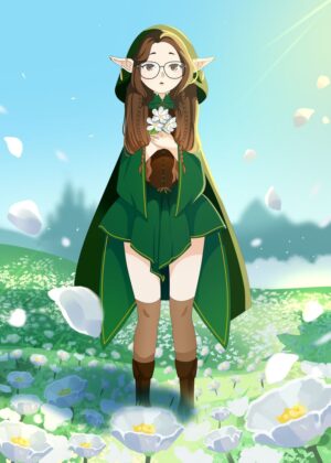 Enchanting Elf Girl in a Green Dress - Premium Wooden Framed Poster. Ready to Hang.