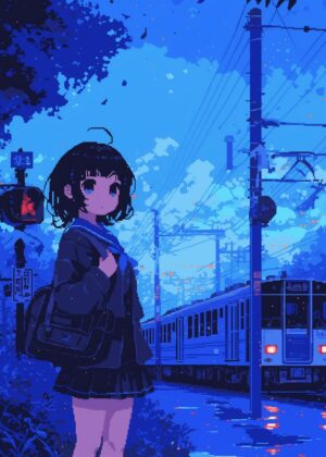 Anime Girl Waiting at Dusk - Premium Wooden Framed Poster. Ready to Hang.