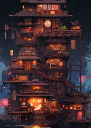 Pixel Art Japanese Village Night Scene - Premium Wooden Framed Poster. Ready to Hang.