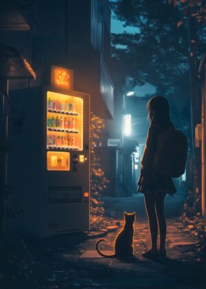 Nighttime Vending Machine: A Serene Anime Scene - Premium Wooden Framed Poster. Ready to Hang.