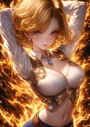 Fiery Anime Beauty: A Blazing Masterpiece - Premium Wooden Framed Poster. Ready to Hang.