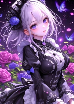 Anime Maid and Butterflies: Magical Girl Artwork - Premium Wooden Framed Poster. Ready to Hang.