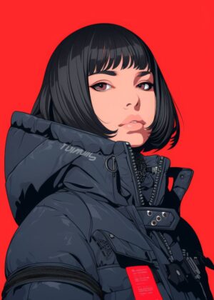 Anime Girl in Stylish Winter Coat: Digital Art Print - Premium Wooden Framed Poster. Ready to Hang.