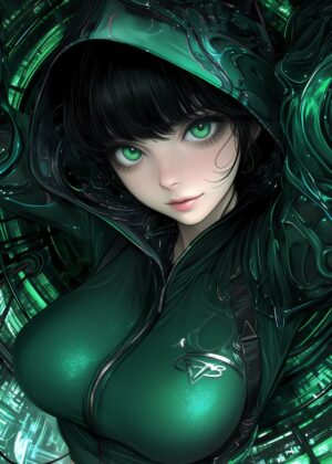 Green-Eyed Anime Girl: Digital Art Print - Premium Wooden Framed Poster. Ready to Hang.