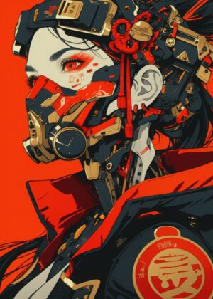 Cyberpunk Samurai Woman: A Fusion of Tradition and Technology - Premium Wooden Framed Poster. Ready to Hang.
