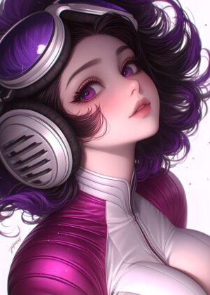 Anime Girl with Headphones: Vibrant Purple and Pink Artwork - Premium Wooden Framed Poster. Ready to Hang.