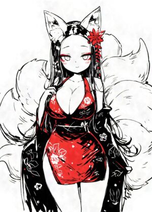 Ink Kitsune in Red Kimono: Anime Art Print - Premium Wooden Framed Poster. Ready to Hang.