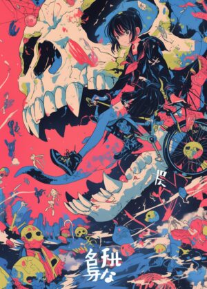 Anime Girl Skull Ride: Vibrant Digital Artwork - Premium Wooden Framed Poster. Ready to Hang.