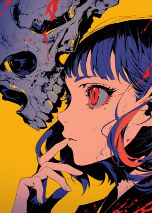 Anime Girl and Skull: A Striking Digital Art Print - Premium Wooden Framed Poster. Ready to Hang.