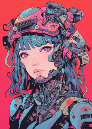 Cyberpunk Female Cyborg: Digital Art Print - Premium Wooden Framed Poster. Ready to Hang.