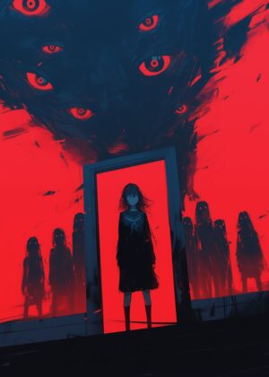 Anime Girl Facing Shadowy Figures - Premium Wooden Framed Poster. Ready to Hang.