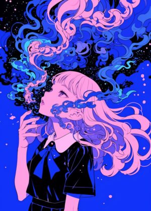 Anime Girl Cosmic Smoke Art Print - Premium Wooden Framed Poster. Ready to Hang.